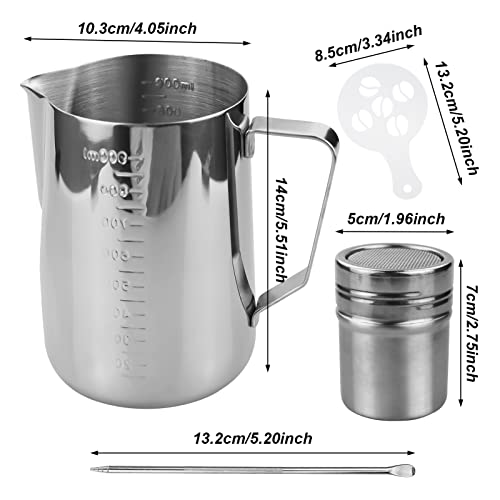 Milk Jug 900ml, Powder Shaker with Lid, Pull Flower Moldan and Latte Art Pen Stainless Steel Milk Frothing Pitcher, for Hot Chocolate Cappuccino Coffee Latte Frothing Milk Art Maker - Image 2