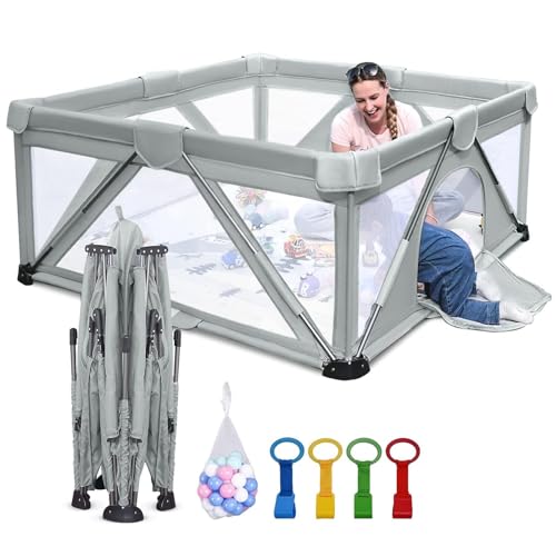 Image of Baby Playpen Foldable, Heyo.Ja Large Play Yard, Playpen for Babies and Toddlers, Play Pens for Babies and Toddlers with Gate, Indoor & Outdoor Portable Play Pen (47x47in, Cold Grey)
