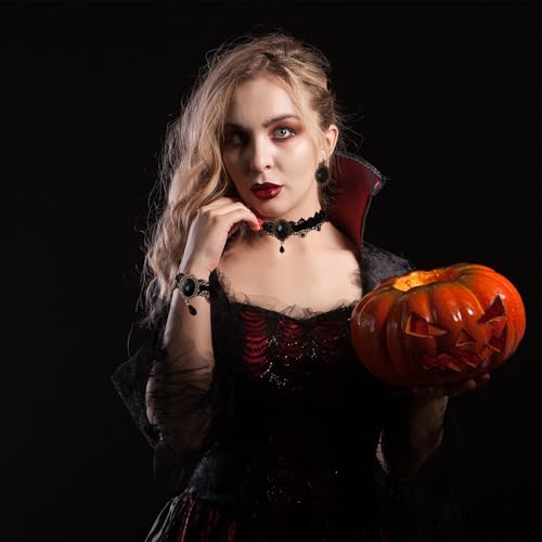 Gothic Victorian Style Vampire Choker Necklace Bracelet Earrings Set,Halloween Pirate Steampunk Witch Vampire Costume Accessories Jewelry for Women,Adjustable Size2