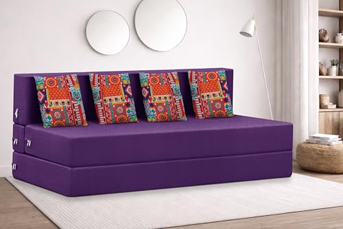 Image of Rosebell Four Seater Foldable Sofa Cum Bed (6x6 Feet) ? Jute Fabric, Washable Removable Cover, Includes Cushion | Space Saving Convertible Sofa Bed for Home, Office & Guests - Purple