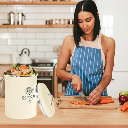 Image of Kitchen Countertop Compost Bin, Odor Resistant Indoor Compost Bin with Lid and Charcoal Filter, Rust Resistant Coated Compost Bucket, Compost Container, Cream