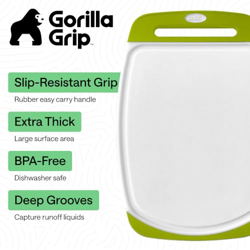 Image of GORILLA GRIP BPA-Free Reversible Kitchen Cutting Board Set of 3, US Designed, Nonporous, Juice Grooves Catch Liquid, Slip Resistant Border, Dishwasher Safe, Durable Food Chopping Boards, Lime Green