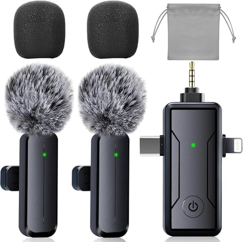 PGDLOF Wireless Mini Microphone for iPhone Android Phone Camera: 3 in 1 Lavalier Lapel Mic for Video Recording - Noise Cancelling Clip on Shirt Microphones for Tiktok YouTube Podcast Vlogging
