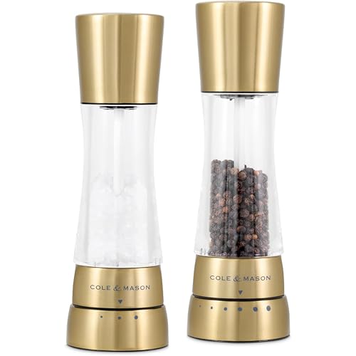 Image of Cole & Mason Derwent Matt Gold Salt and Pepper Mills, Adjustable Grind Settings, Gourmet Precision+, Stainless Steel /Acrylic, 190 mm, Gift Set, Includes 2 x Salt and Pepper Grinders