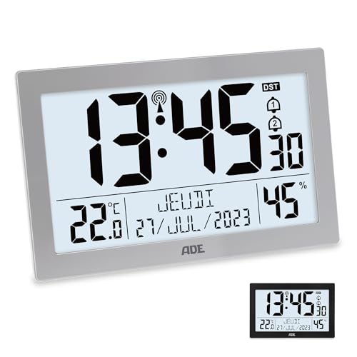 ADE Horloge radiopilotée numérique avec Grand écran XL | Calendrier | thermomètre et hygromètre | Horloge Murale | Radio-réveil avec 2 Heures de réveil et...