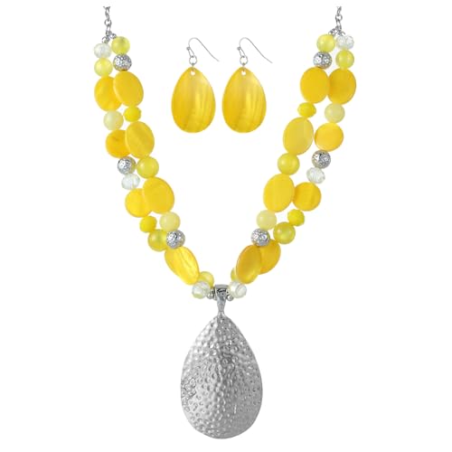Xalroco 20‘’+3‘’ Silver Teardrop Pendant Statement Necklace for women Trendy Yellow Crystal Shell Beaded Gemstone Necklaces and Earrings Set Jewelry Gifts (Yellow)