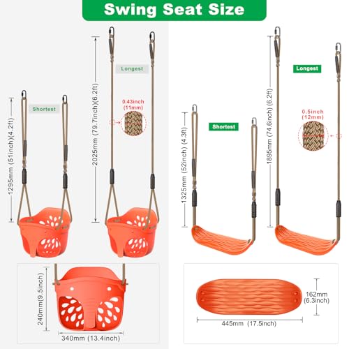 Image of SELEWARE Orange Toddler Swing Set - Heavy-Duty High Back Full Bucket Toddler Swing Seat & Kids Tree Swing with Adjustable Ropes, Backyard Playground Swing Set Accessories for Kids, Indoor /Outdoor Use