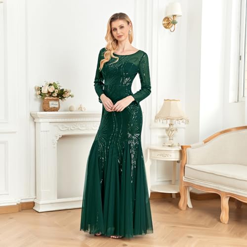 Image of Long Sleeve Sequin Evening Dress Glitter Mermaid Long Gown for Mother of The Bride Or Wedding Guest