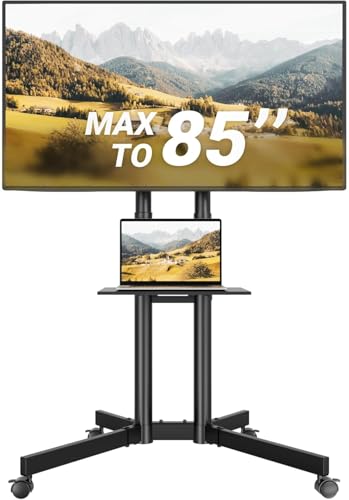 BONTEC Rollbarer TV Ständer mit feststellbaren Rollen, höhenverstellbarer TV Wagen für 32-85 Zoll Fernseher bis 55 kg, VESA bis 600x400, mit Ablage und Kabelmanagement, für Büro & Zuhause
