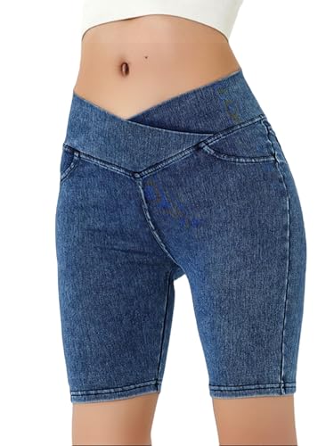 Girls Biker Shorts Crossover High Waist Jean Shorts Summer Bermuda Denim Pants with Pockets