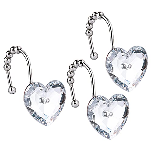 Shower Curtain Hooks Rings 12Pcs Crystal Heart Shape Rolling Shower Curtain Hooks, Stainless Steel Rust Proof Decorative Window Shower Hooks Hangers for Bathroom, Living Room, Towels (Heart)