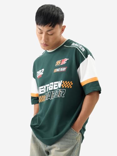 Image of The Souled Store Official Disney: Speed Racer Men and Boys Short Sleeve Round Neck Green Graphic Printed Cotton Oversized T-Shirts