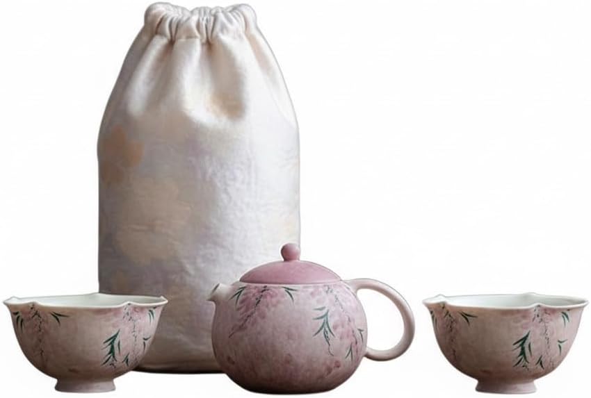 - One pot, two cups, fabric storage bag, tea set, hand-painted wisteria flower tea pot, tea cup, kung fu tea set, travel