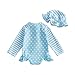 Toddler Baby Girl Rash Guard Swimsuit Cute Fashion Striped Dot Zipper Long Sleeve Bathing Suit Jumpsuit with Hat (Sky Blue, 3-4 Years)