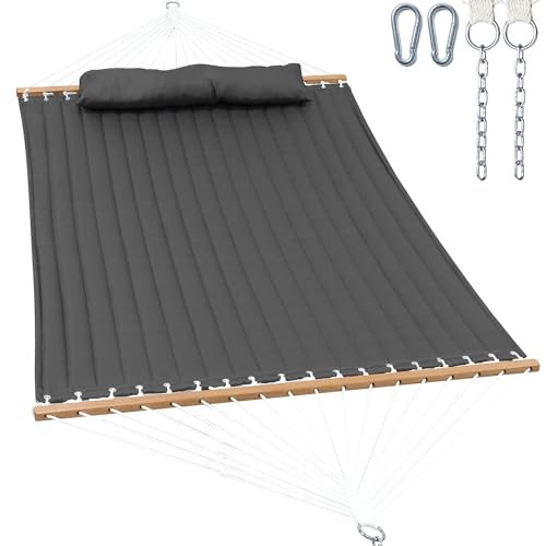 Image of GAFETE Hammock 2 Person Quilted Fabric Hammocks for Outside, Double 12ft Hammocks with Spreader Bar, Large Removable Pillow, Storage Bag, Carabiners, Max 475 lbs Capacity (Dark Grey)
