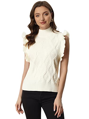 Allegra K Women's Ruffled Sleeve Mock Neck Casual Cable Knit Pullover Sweater Vest Small White