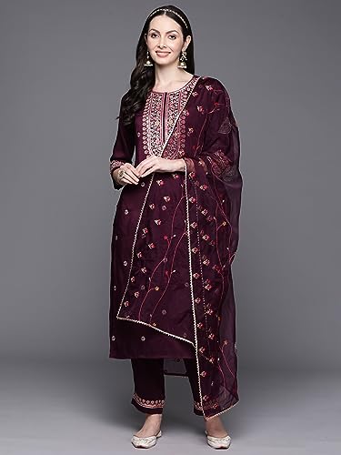 Image of INDO ERA Women's Embroidered Silk Blend kurta and pant with dupatta set