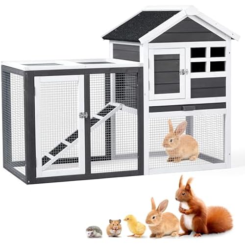 Outvita Rabbit Hutch, Small Wood Chicken Coop, 48" Guinea Pig Cage w/Pull-Out Tray, Waterproof Asphalt Roof, Chicken Run, Interactive Door for Small Animal Pen Outdoor