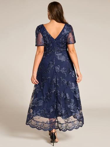 Ever-Pretty Plus Women's V Neck Short Sleeves High Low Embroidery A Line Plus Size Midi Formal Wedding Guest Dresses 02255-DA2