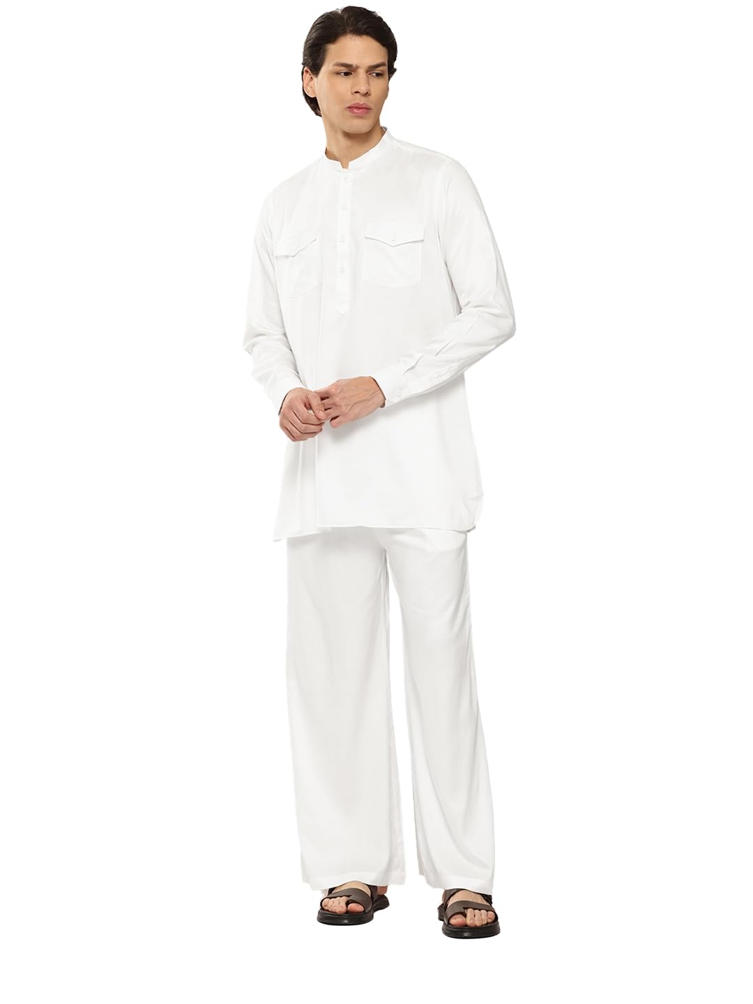 see designs Men's Long Sleeve Curved Hem Mandarin Collar Rayon Solid Pathani Sets-picture-24