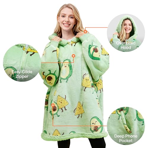 Image of Giggling Getup Wearable Blanket Hoodie for Adults Gifts for Teen Girls Sister Women Sherpa Fleece Printed Hooded Blanket Sweatshirt Warm Cozy with Pocket & Sleeves Green Avocado