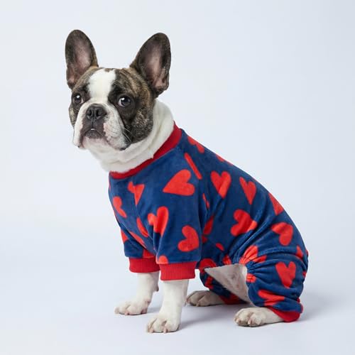 Image of Fitwarm Valentines Day Sweet Hearts Dog Pajamas, Dog Winter Clothes for Small Dogs Girl Boy, Lightweight Velvet Pet Jumpsuit, Cat Onesie, Dark Blue, Red, Large