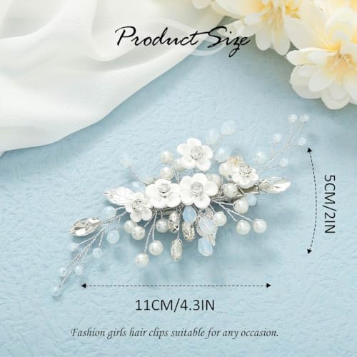 Pinza de cabello de boda con perlas y cristales plateada miniatura 3