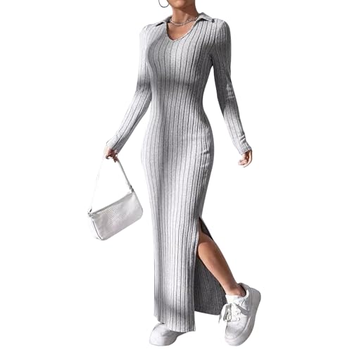 Damen Strickkleid, figurbetontes langes Kleid, elegant, lange Ärmel, Reverskragen, Split-Pulloverkleid, Herbst, Winter, Ausgehen, Streetwear, A-grau,...
