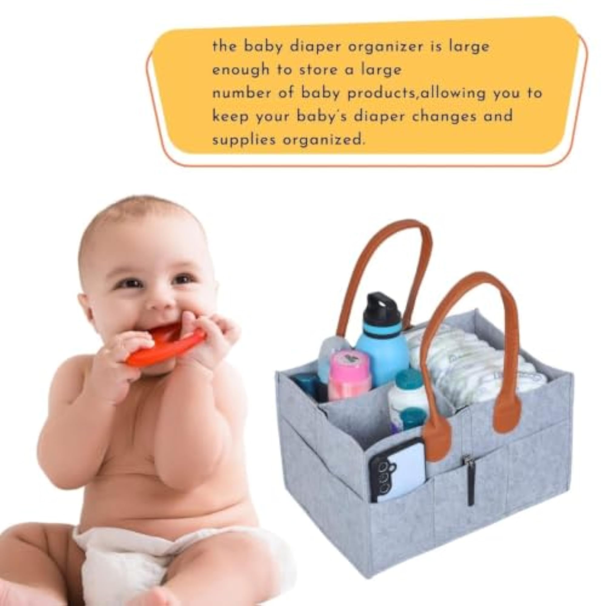 Baby Diaper Caddy Organiser, Light Grey with Leather Handles
