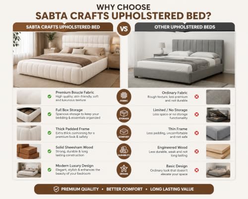Image of Crafts Luxury Upholstered King Size Bed with Box Storage | Premium Boucle Fabric Platform Bed, Wooden Double Cot for Bedroom, Sheesham Wood, 6.5 x 6 Ft, White