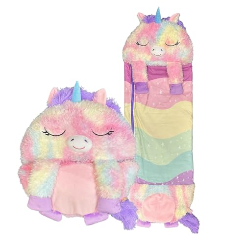 Happy Nappers Kids Sleeping Bag - Pastel Rainbow Unicorn Medium Size - Suitable for Children Aged 3 to 6 Years - Plush Toy Comfy Sleeping Bag & Fluffy Pillow All in One