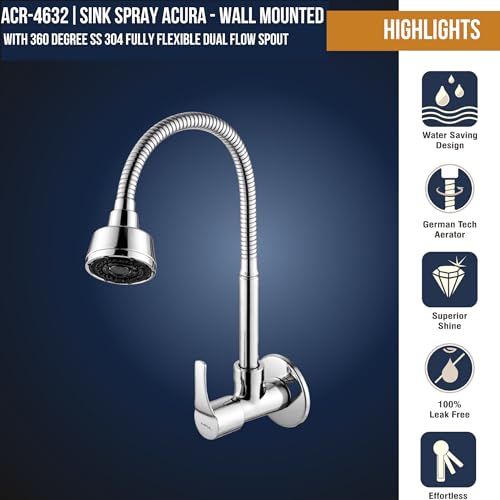 Image of KAMAL Sink Spray Tab Acura - Wall Mounted | SS 304 Flexible Spout 360 Degree Dual Flow Passion Flex Flexible Sink Cock Pillar Cock Shower Type Bib Tap Faucet Bib Tap Faucet (Wall Mount Installation)