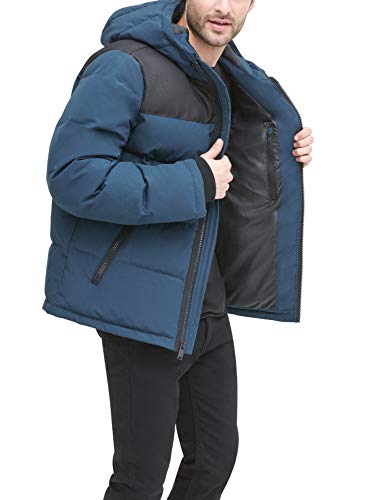 Dkny Men's Shawn Quilted Mixed Media Hooded Puffer Jacket, Blue Steel, X-Small #TOP5