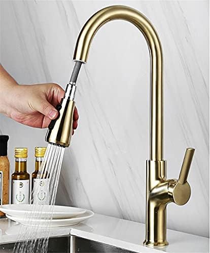 Commercial Bar Faucet Single Handle Pull Out Kitchen Sink Mixer Brass Hot & Cold Water Tap Rotating Brushed Gold Finish Farmhouse Style (Color: Cromo)