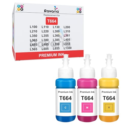 Image of T664 Compatible Ink for Ep L100, L110, L130, L200, L210, L220, L300, L310, L350, L355, L360 L361, L365, L380, L385, L405, L455, L485, L550, L555, L565 Printer (T664 Ink CMY (3 Color))