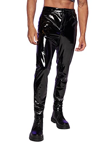WDIRARA Men's Metallic High Waist Button Holographic Party Club Pants with Pockets