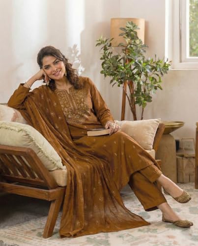Image of ANNI Designer Women's Viscose Straight Printed Embroidery Kurta with Pant & Dupatta | Long Sleeve Ethnic Kurta Set for Women | Casual Office, Daily, Party Outfits