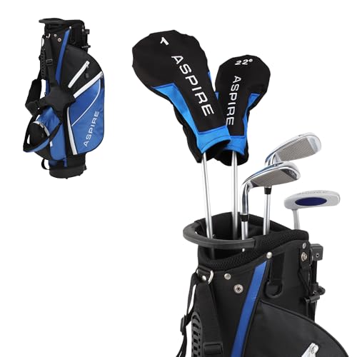 Aspire Junior Plus Kids Golf Clubs – Boys’ & Girls’ Right-Handed Golf Set with Lightweight Stand Bag, Graphite Shafts & Aircraft-Grade Aluminum Clubs - Blue Ages 9-10