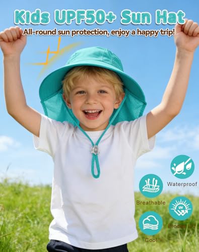 Image of Rosoz Kids Sun Hat with Neck Flap UV Protection Summer Toddler Beach Hat Unisex Ponytail Hat Wide Brim Fishing Hat