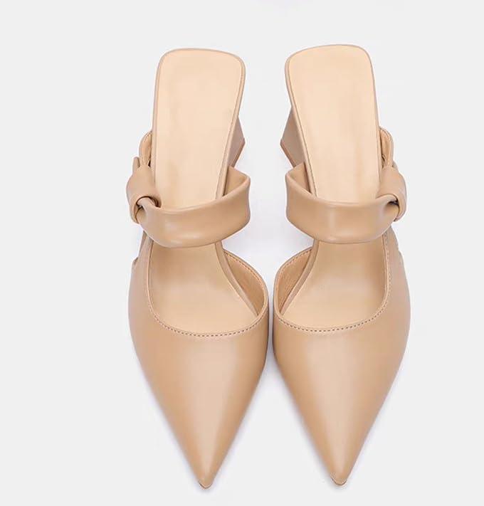 Women Leather Chunky Heel Mules With Knotted Strappy Fashion Slip On Closed Pointed Toe High Heel Backless Pumps for Dressy Party Casual Daily Breathable Slide Sandals3