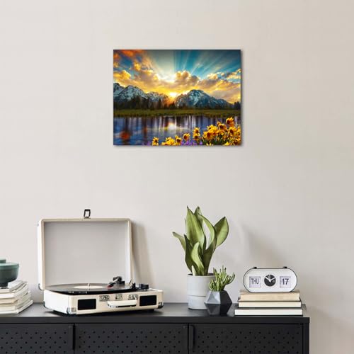 Image of Nature Mountain Wall Art for Living Room, National Park Sunflower Landscape Canvas Picture Wall Decor 12x16 inch, Sunset Grand Teton Lake Prints Painting Framed Artwork for Kitchen Bedroom Home Decoration