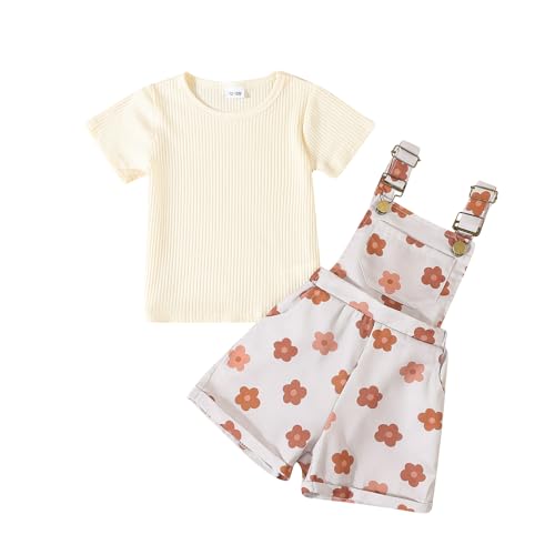 Image of fhutpw Toddler Baby Girls Summer Outfits Daisy Ruffle Short Sleeve T-Shirts Tops Floral Shorts 2Pcs Clothes Set 6M-4T