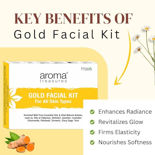 Image of Aroma Treasures Gold Facial Kit (30g /ml) | With 24K Gold Leaf, Turmeric, Lavender & Jasmine Oils | Paraben-Free, Cruelty-Free | Instant Glow, Deep Cleansing & Skin Brightening - For All Skin Types