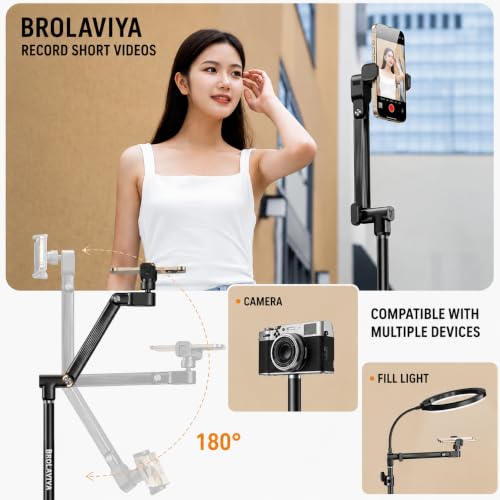 Image of Brolaviya 360-Degree Tripod with Gimbal arm Head, 225cm top Height, Portable, for Indoor /Outdoor Photography & Videography, Ideal for Live Streaming, Overhead Tripod Stand with Mobile Bracket