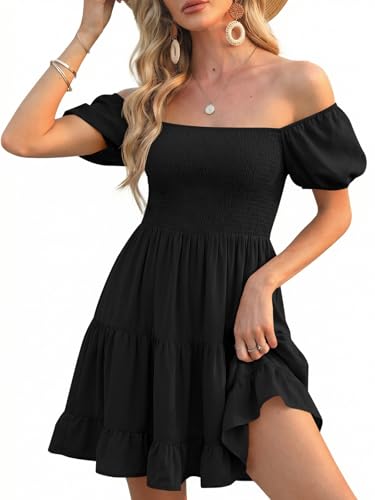 Image of Veatzaer Women's Puff Sleeve Square Neck Smocked Babydoll Dress Boho Floral Print Off Shoulder Ruffle Mini Short Dress