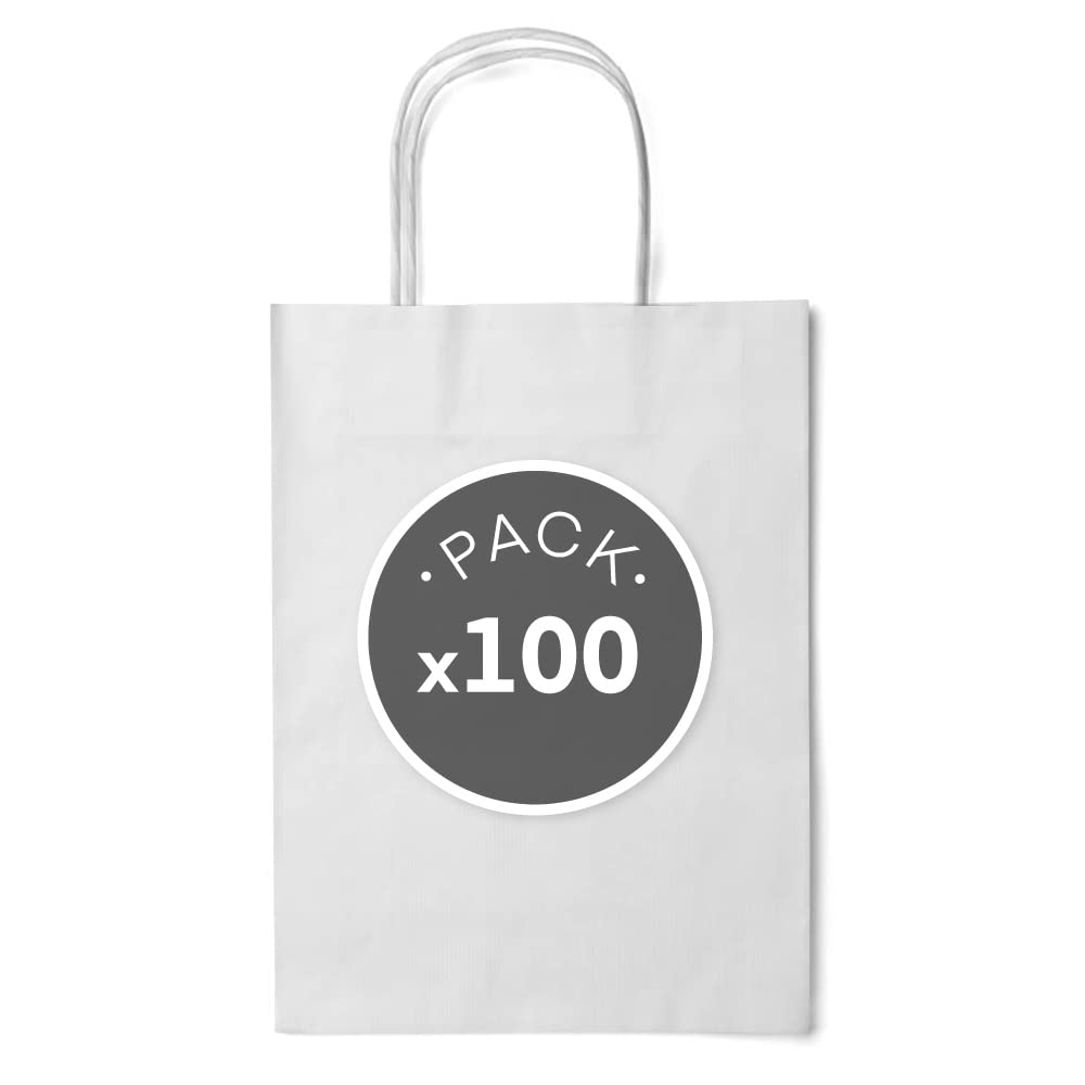100 Bolsas de papel con asas Bolsa de papel para compras resistentes Bolsas para cumpleaños, regalos, bodas, fiestas, bolsas para tiendas de papel (20+8x24V, Blanco)