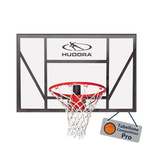 HUDORA Canestro da basket Board Competition Pro - Canestro da basket con anello per schiacciate da parete per bambini e adulti - Canestro da basket da giardino con tabellone trasparente
