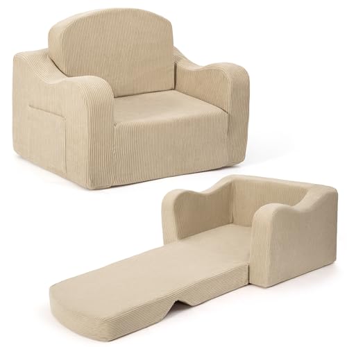 Airpanda Kids Sofa Chair, 2-in-1 Kids Couch, Fold Out Foam Sofa, Beige | Convertible Kids Sofa for Reading and Playing, Soft Foam Support, Corduroy Fabric, Removable Washable Cover
