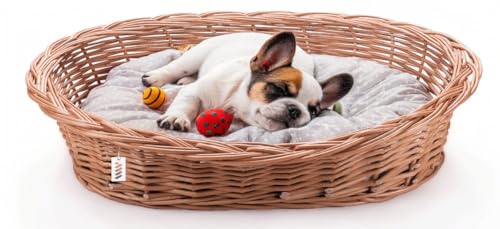 Wiklinowy Świat - Weidenbett für Haustiere, Weidenkorb Hundebett Katzenbett - Natürlich warm, atmungsaktiv und stilvoll - Verschiedene Größen 66x47x15cm - grau gepunktetes Kissen