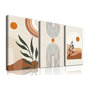 Boho Wall Art Set of 3, MidCentury Modern Wall Prints Framed Canvas Paintings Minimalist Abstract Geometric Beige Orange Moon Plant Desert Nature Illustrations Artwork, Boho Wall Decor Ready To Hang